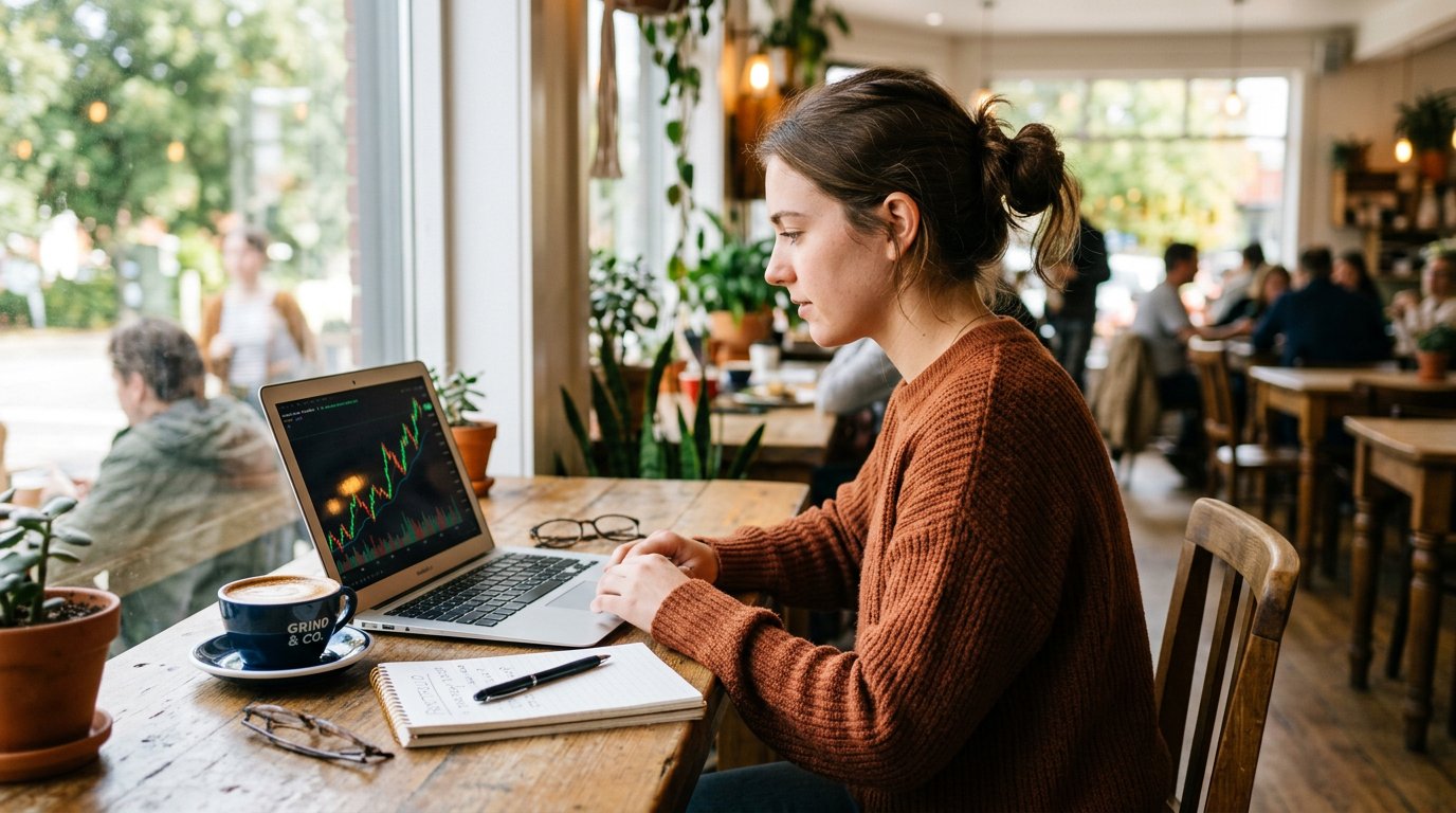 Beginner investor studying stock charts on a laptop