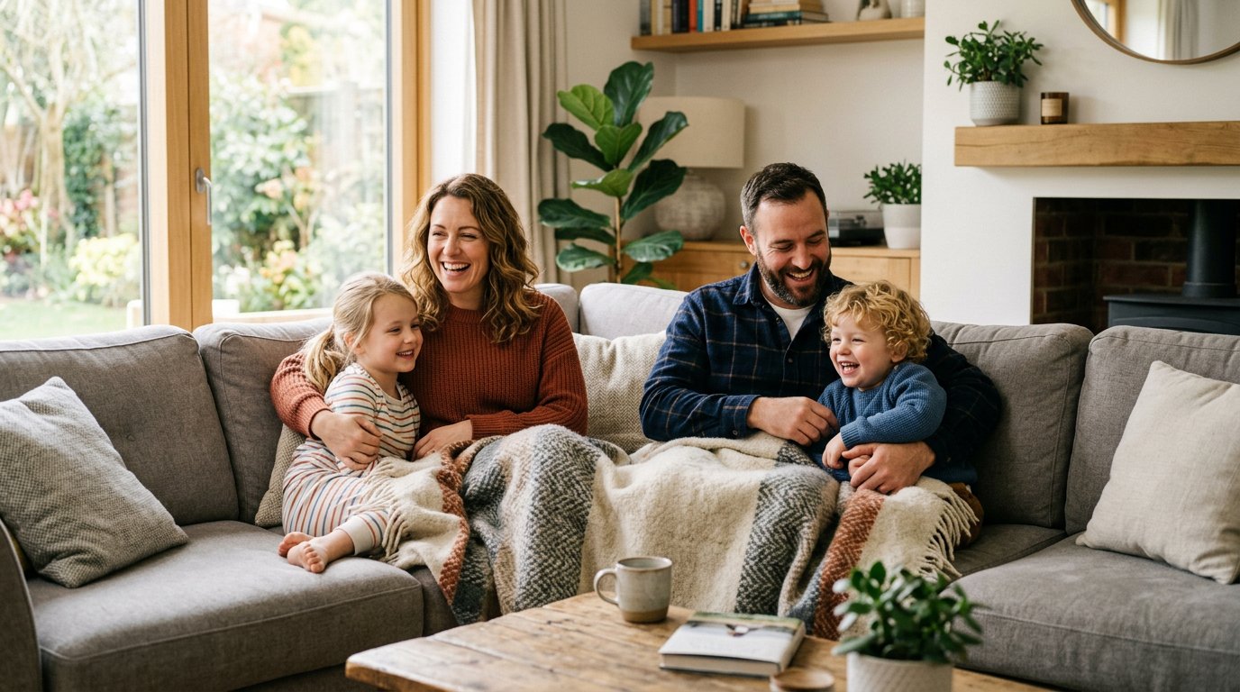 Family relaxing together at home, fully protected