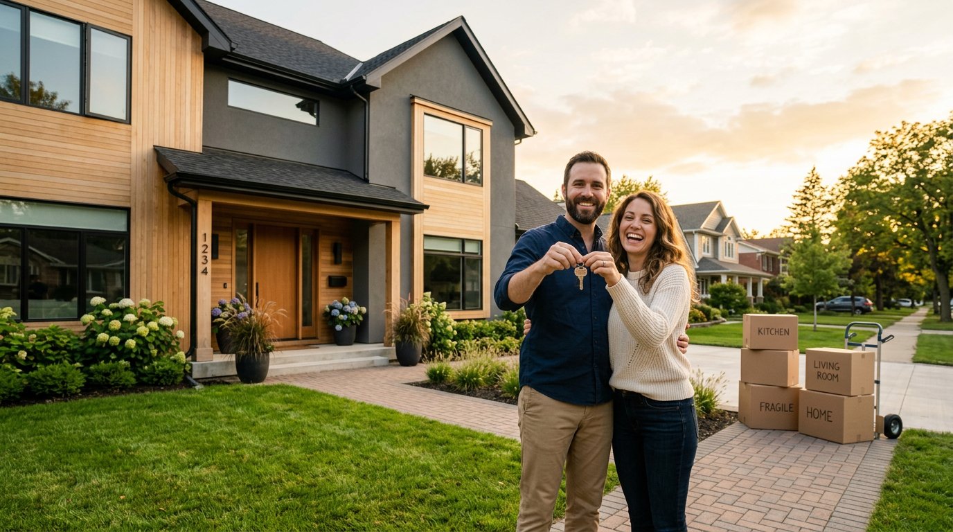 Happy couple holding the keys to their new home