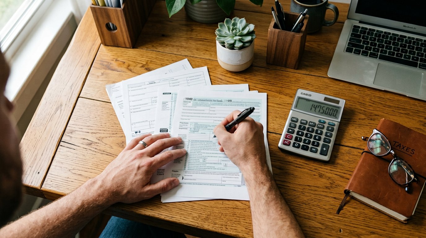 Tax documents and calculator on a desk