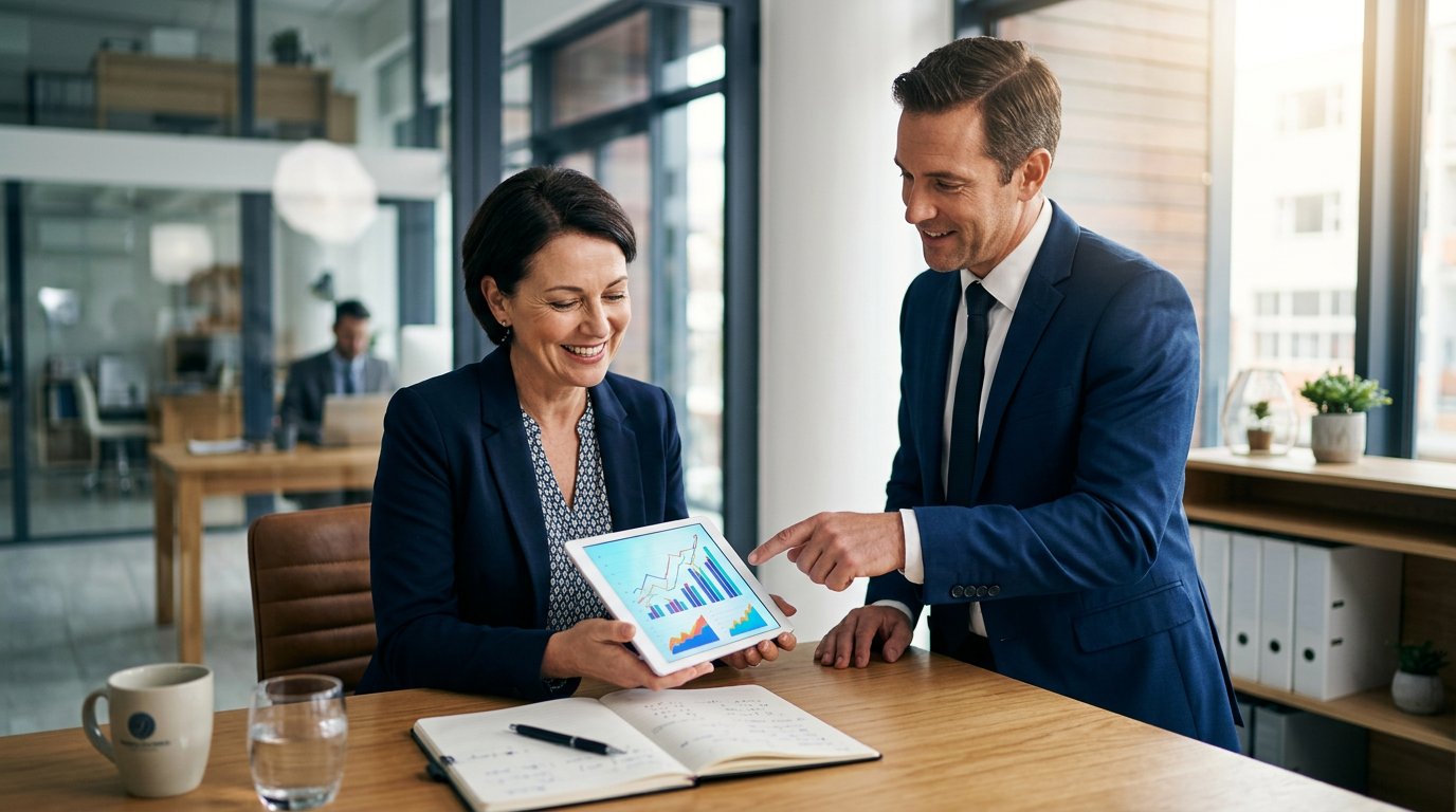 Advisor showing investment growth charts on a tablet